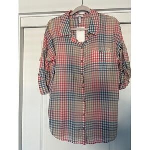 Splendid Womens Plaid Button Down Shirt Red Blue Tan Roll Tab Sleeve SW312 New L